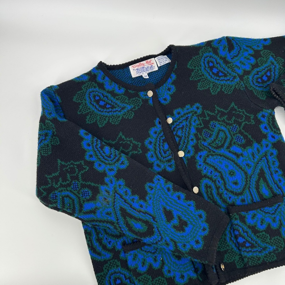 Vintage Tally Ho Collection Black Blue Green Paisley  Cardigan Sweater Women's M